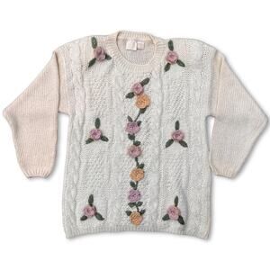 Vintage 90s Floral Roses Grandma Sweater Needles & Yarn Cottagecore | Size Large